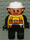 Minifig No: 4555pb136  Name: Duplo Figure, Male Fireman, Black Legs, Yellow Top with Flame and Orange Suspenders, White Fire Helmet, Moustache