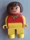 Minifig No: 4555pb142a  Name: Duplo Figure, Female, Yellow Legs, Red Top with Yellow Polka Dot Scarf, Yellow Arms, Brown Hair, Grin