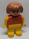 Minifig No: 4555pb142b  Name: Duplo Figure, Female, Yellow Legs, Red Top with Yellow Polka Dot Scarf, Yellow Arms, Earth Orange Hair, Nose and Lips, White in Eyes