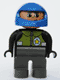 Lot ID: 208798743  Minifig No: 4555pb144  Name: Duplo Figure, Male Police, Dark Gray Legs, Black Top with Pale Green Vest and Police Badge, Blue Helmet
