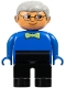 Minifig No: 4555pb149  Name: Duplo Figure, Male, Black Legs, Blue Top with Green Bow Tie, Gray Hair, Glasses