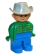 Lot ID: 210013738  Minifig No: 4555pb150  Name: Duplo Figure, Male, Blue Legs, Green Top with Pocket, Light Gray Cowboy Hat