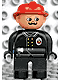 Minifig No: 4555pb151  Name: Duplo Figure, Male Fireman, Black Legs, Black Top with Flame Logo, Red Fire Helmet, Moustache