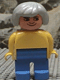 Minifig No: 4555pb158  Name: Duplo Figure, Female, Blue Legs, Yellow Blouse, Gray Hair