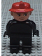 Minifig No: 4555pb162  Name: Duplo Figure, Male Fireman, Black Legs, Black Top (no buttons), Red Fire Helmet