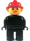 Minifig No: 4555pb162a  Name: Duplo Figure, Male Fireman, Black Legs, Black Top (no buttons), Red Fire Helmet, no White in Eyes Pattern