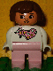 Minifig No: 4555pb163  Name: Duplo Figure, Female, Pink Legs, White Top with Pink Scarf with Hearts Pattern, Brown Hair