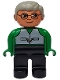 Minifig No: 4555pb166  Name: Duplo Figure, Male, Black Legs, Green Top with Vest, Gray Hair, Glasses