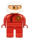 Minifig No: 4555pb167  Name: Duplo Figure, Male, Red Legs, Red Top with Black Zipper and Racer #1, White Helmet