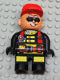 Lot ID: 147227465  Minifig No: 4555pb182  Name: Duplo Figure, Male Action Wheeler, Black Legs with Yellow Patches, Red Straps, Sunglasses, Red Cap