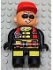 Minifig No: 4555pb182  Name: Duplo Figure, Male Action Wheeler, Black Legs with Yellow Patches, Red Straps, Sunglasses, Red Cap (4141905)