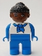 Minifig No: 4555pb186a Name: Duplo Figure, Female, Blue Legs, White Top with Blue Sleeves and Scarf, Black Curly Hair in Bun, Brown Head, Looking Left Minifig No: 4555pb186a Name: Duplo Figure, Female, Blue Legs, White Top with Blue Sleeves and Scarf, Black Curly Hair in Bun, Brown Head, Looking Left