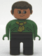 Minifig No: 4555pb190 Name: Duplo Figure, Male, Black Legs, Green Top with Yellow Scarf, Brown Hair Minifig No: 4555pb190 Name: Duplo Figure, Male, Black Legs, Green Top with Yellow Scarf, Brown Hair