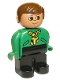 Lot ID: 96920792  Minifig No: 4555pb190  Name: Duplo Figure, Male, Black Legs, Green Top with Yellow Scarf, Brown Hair