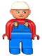 Minifig No: 4555pb199  Name: Duplo Figure, Male, Blue Legs, Red Top with Blue Overalls, Construction Hat White, Turned Down Nose