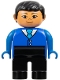 Minifig No: 4555pb200  Name: Duplo Figure - Male, Adult Man, Black Legs, Blue Top with Buttons and Tie Pattern, Black Hair, Nougat Head (75497)