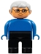 Minifig No: 4555pb209 Name: Duplo Figure, Male, Black Legs, Blue Top, Gray Hair, Glasses Minifig No: 4555pb209 Name: Duplo Figure, Male, Black Legs, Blue Top, Gray Hair, Glasses