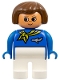 Minifig No: 4555pb218  Name: Duplo Figure, Flight Attendant - Female, White Legs, Blue Top with Scarf with Stripe and Jet Airplane Pin Pattern, Brown Hair, Nougat Head with Grin and Turned Up Nose (75515)