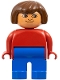 Minifig No: 4555pb221  Name: Duplo Figure, Female, Blue Legs, Red Top, Brown Hair, No Eyelashes, Plain Smile