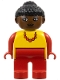 Minifig No: 4555pb223  Name: Duplo Figure, Female, Red Legs, Yellow Top with Red Necklace, Black Curly Hair in Bun, Brown Head