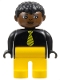 Minifig No: 4555pb224  Name: Duplo Figure, Male, Yellow Legs, Black Top and Yellow Striped Tie, Black Curly Hair, Brown Head