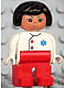 Minifig No: 4555pb225  Name: Duplo Figure, Female Medic, Red Legs, White Top with EMT Star of Life Pattern, Black Hair