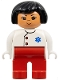 Minifig No: 4555pb225  Name: Duplo Figure, Doctor / Medic - Female, Adult Woman, Red Legs, White Top with Buttons and EMT Star of Life Pattern, Black Hair, Nougat Head (75498)