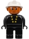 Minifig No: 4555pb226  Name: Duplo Figure, Firefighter - Male, Adult Man, Black Legs, Black Top with Buttons Pattern, White Fire Helmet, Dark Orange Head (75509)