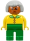 Minifig No: 4555pb227  Name: Duplo Figure - Female, Adult Woman, Green Legs, Yellow Top with Collar and Buttons Pattern, Light Gray Hair, Dark Orange Head (75512)