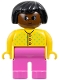 Minifig No: 4555pb228  Name: Duplo Figure - Female, Adult Woman, Dark Pink Legs, Yellow Top with Buttons and V Stitching Pattern, Black Hair, Brown Head (75504)