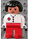 Minifig No: 4555pb231  Name: Duplo Figure, Female Medic, Red Legs, White Top with Red Buttons and Cross, Black Hair, Lips