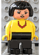 Minifig No: 4555pb232  Name: Duplo Figure, Female, Black Legs, Yellow Blouse with Red Beaded Necklace, Black Hair, Lips