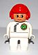 Minifig No: 4555pb245  Name: Duplo Figure, Male, White Legs, White Top with Black Zipper and Racer #2, Round Eyes, Red Aviator Helmet