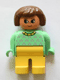 Minifig No: 4555pb246  Name: Duplo Figure, Female, Yellow Legs, Light Green Top with Purple Dots, Yellow Collar, Brown Hair