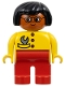 Minifig No: 4555pb247  Name: Duplo Figure - Female, Adult Woman, Red Legs, Yellow Top with Buttons and Wrench in Pocket Pattern, Black Hair, Dark Orange Head (75510)