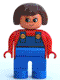 Minifig No: 4555pb253  Name: Duplo Figure, Female, Blue Legs, Red Top with Blue Overalls, Brown Hair, Turned Up Nose