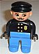Lot ID: 360767459  Minifig No: 4555pb266  Name: Duplo Figure, Male Police, Blue Legs, Black Top with Gold Badge, Black Hat, Turned Down Nose and Elliptical Eyes
