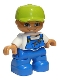 Minifig No: 47205pb002  Name: Duplo Figure Lego Ville, Child Boy, Blue Legs, White Top with Blue Overalls, Worms in Pocket, Lime Cap