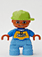 Minifig No: 47205pb014  Name: Duplo Figure Lego Ville, Child Boy, Medium Blue Legs, Blue Top with 'SKATE' Text Pattern, Lime Cap