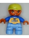 Minifig No: 47205pb014a  Name: Duplo Figure Lego Ville, Child Boy, Medium Blue Legs, Blue Top with 'SKATE' Text Pattern, Lime Cap, Oval Eyes