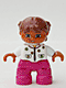 Minifig No: 47205pb016 Name: Duplo Figure Lego Ville, Child Girl, Magenta Legs, White Top with Flowers, Reddish Brown Hair with Braids Minifig No: 47205pb016 Name: Duplo Figure Lego Ville, Child Girl, Magenta Legs, White Top with Flowers, Reddish Brown Hair with Braids
