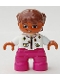 Minifig No: 47205pb016  Name: Duplo Figure Lego Ville, Child Girl, Magenta Legs, White Top with Flowers, Reddish Brown Hair with Braids