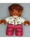 Minifig No: 47205pb016a  Name: Duplo Figure Lego Ville, Child Girl, Magenta Legs, White Top with Flowers, Reddish Brown Hair with Braids, Oval Eyes
