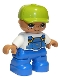 Minifig No: 47205pb025a  Name: Duplo Figure Lego Ville, Child Boy, Blue Legs, White Top with Blue Overalls, Lime Cap, Freckles, Oval Eyes