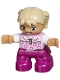 Minifig No: 47205pb028  Name: Duplo Figure Lego Ville, Child Girl, Magenta Legs, Bright Pink Top with Flowers, White Arms, Tan Hair with Braids