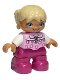 Minifig No: 47205pb028a  Name: Duplo Figure Lego Ville, Child Girl, Magenta Legs, Bright Pink Top with Flowers, White Arms, Tan Hair with Braids, Oval Eyes
