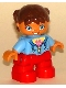 Lot ID: 343141779  Minifig No: 47205pb030a  Name: Duplo Figure Lego Ville, Child Girl, Red Legs, Medium Blue Jacket over Shirt with Flower, Reddish Brown Pigtails, Oval Eyes