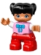 Minifig No: 47205pb032  Name: Duplo Figure Lego Ville, Child Girl, Red Legs, Bright Pink Top with Bow Tie, Black Hair with Pigtails