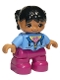 Minifig No: 47205pb035a  Name: Duplo Figure Lego Ville, Child Girl, Magenta Legs, Medium Blue Jacket over Shirt with Flower, Black Pigtails, Oval Eyes