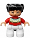 Lot ID: 359634100  Minifig No: 47205pb036  Name: Duplo Figure Lego Ville, Child Girl, White Legs, Red Fair Isle Sweater with Orange Diamonds, Brown Eyes with Cheeks Outline, Black Pigtails